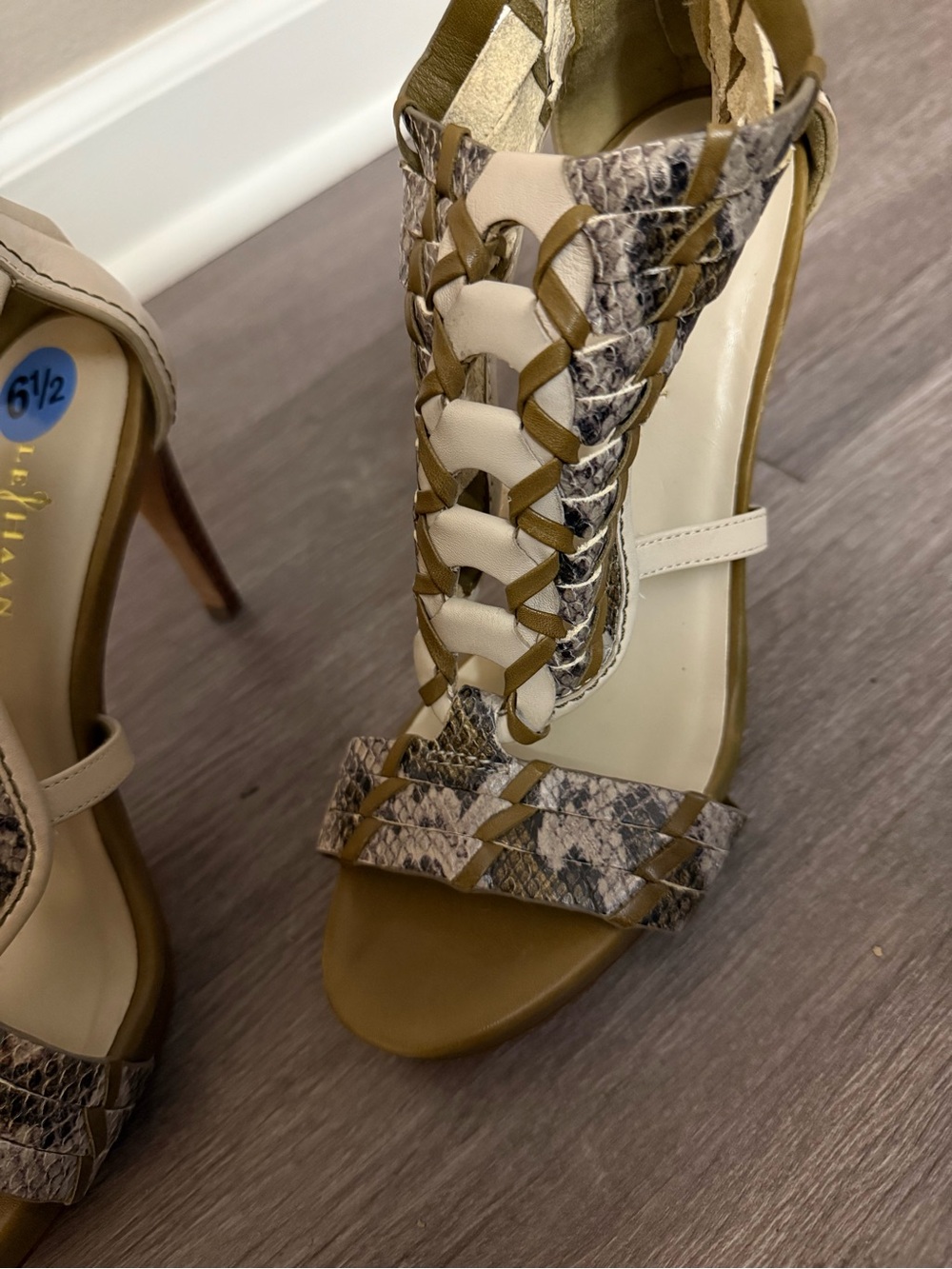 Cole Haan Beige and Brown Snakeskin Braided High Heel Sandals